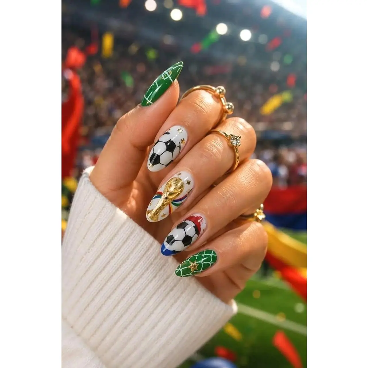 Heather Thorsen Handmade Press On Nails, Soccer Ball Trophy Championship Design, Green Field Inspired Art, Reusable Salon Quality Almond Nails, Sports Theme Press On Nails That Last 3 Weeks