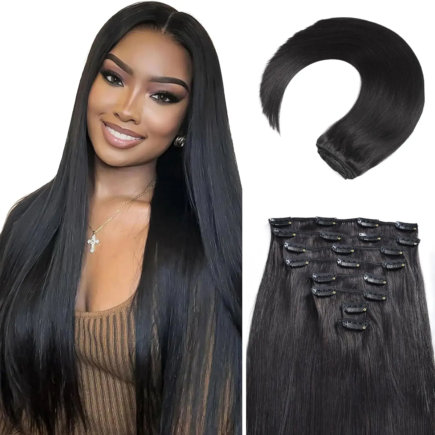 Clip in Hair Extensions Real Human Hair, 24 Inch 120g, 1B  Black, Invisible Seamless Straight Remy Human Hair Clip in Extensions for Women 8 count Per Set with Double Weft