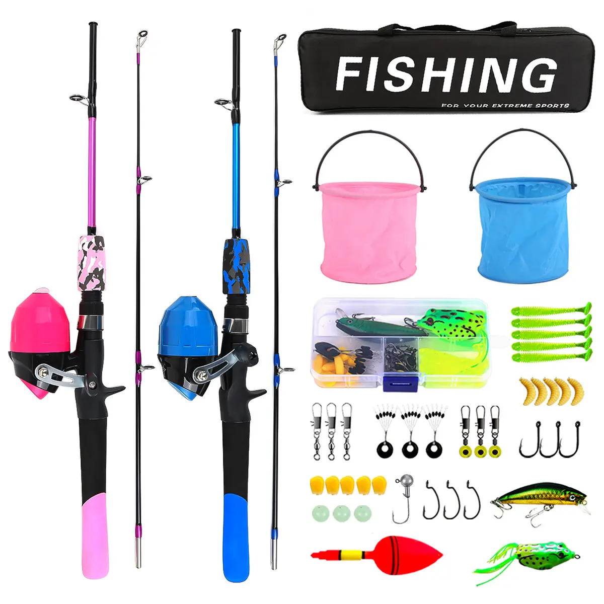 Double Fishing Rod Set, Fishing Gear, Fishing Equipment, Fiberglass Split Fishing Pole ( & Blue) with Reel, Bucket, Lures, Hooks, Pouch, Freshwater Saltwater Use