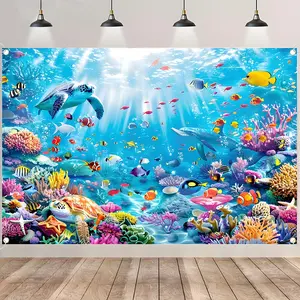 Lovely Ocean World Backdrop Banner, Tapestry, Colorful cute animals Decorations, Durable Polyester Fabric Photo Booth Prop, Reusable Easy to Clean, Perfect for Easter Party, Spring Decor, Kids Birthday, Home Wall Art, Gift for Family