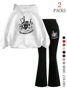 Women's Hooded Sweatshirt Set, Pants, Long Regular Fit, Halloween Skull Flower Print, Casual Street Style, Fall & Winter, Youth Fashion
