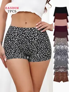 Random Color 7-Pack Seamless Leopard Print Boxer Briefs for Women, Anti-Rolling Edge, Invisible Mid-Waist, Ice Silk, All Seasons, Casual Style, Lightweight