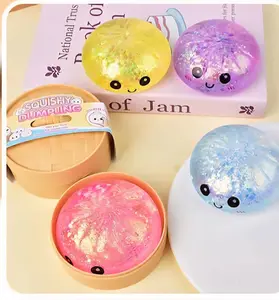 Giant Glitter Dumpling Squishy Toy, Rainbow Stress Relief Fidget, Soft Squeeze Decompression Sensory Gift with Steamer Box