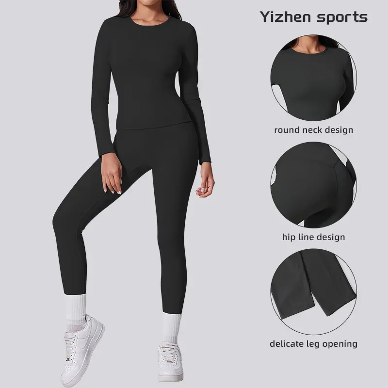 Women's Stylish High-Waisted Hi Clothes gh-Stretch Yoga Set: Long-Sleeve Top + Full-Length Pants | For Yoga, Gym, Running, Tennis | Butt-Lifting Tight Yoga Leggings Homewear solid round neck sport tee Activewear Compression Clothes