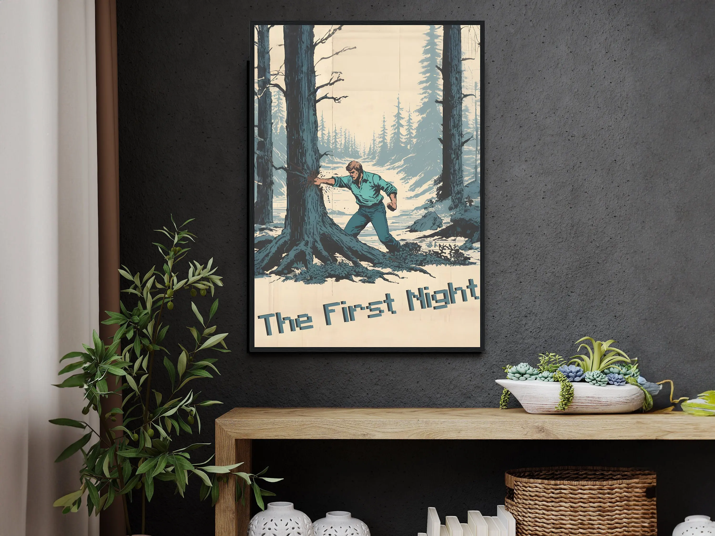 Poster Print, Minecraft, The First Night, Dark Fantasy Minecraft Fan Art, Wall Art, Steve Punching Tree, Living Room Wall Decor, Vintage