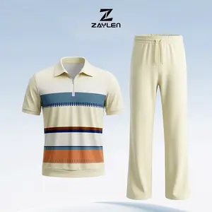Men's Cream Beige Polo Tracksuit Set, Half Zip Color Block Shirt & Drawstring Pants, Lightweight Casual 2 Piece Summer Outfit, Vacation Travel Set