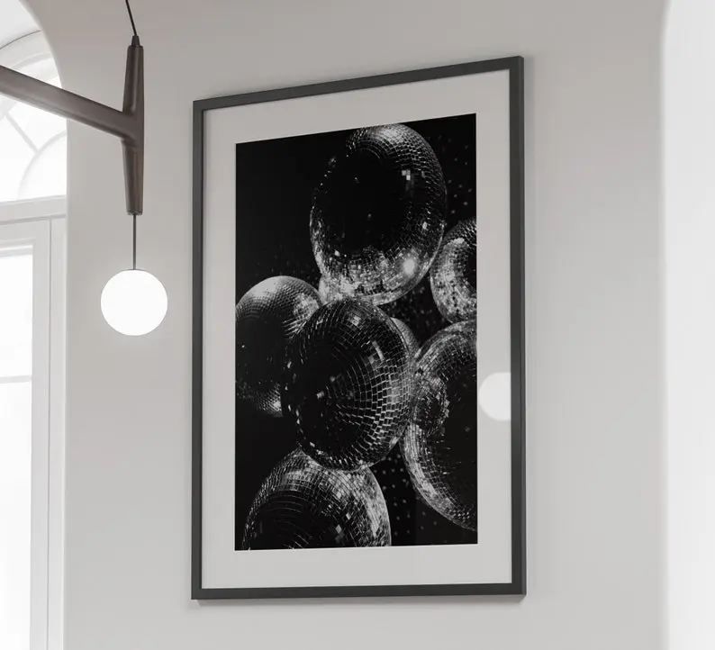 Disco Ball Print, Black and White Wall Art, Mirrorball Poster, Bachelorette Party Decor, Funky Wall Art, Disco Ball Poster