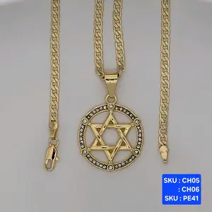 Star Of David With Clear Stones (La Estrella De David) Necklace  Fashion Pendant Laminated Gold, Select a Chain link Style and size 24 & 18 inches Laminated Gold , Elegant Star Necklace Laminated-Gold  Jewelry Gift for Any Occasion SKU : PE41
