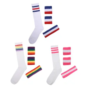 OIDEA 3-Piece 80s Striped Polyester Fabric Statement Accessories Set - Lightweight Unisex Retro Headband, Wristbands, Knee-High Socks - Comfortable Athletic Costume for Party Dress-Up, Activewear