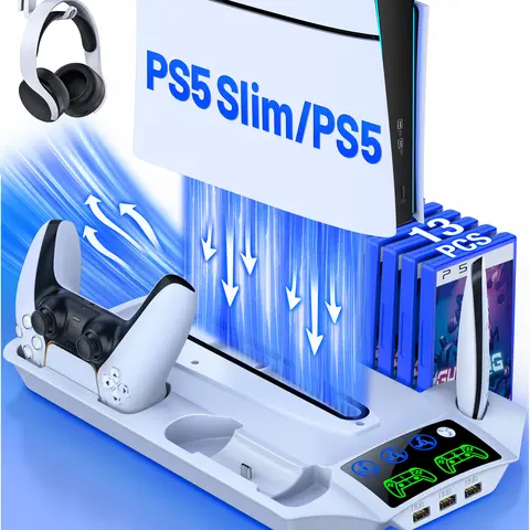 BEBONCOOL Compact Plastic Vertical Cooling & Fast-Charging Stand for PS5 Slim, Pro, Digital and Disc Edition Consoles - Gaming Console Accessories, Electronic Gadgets with 3 Extra USB Hubs, 4 Adjustable Gears, Cable, Controller Charger