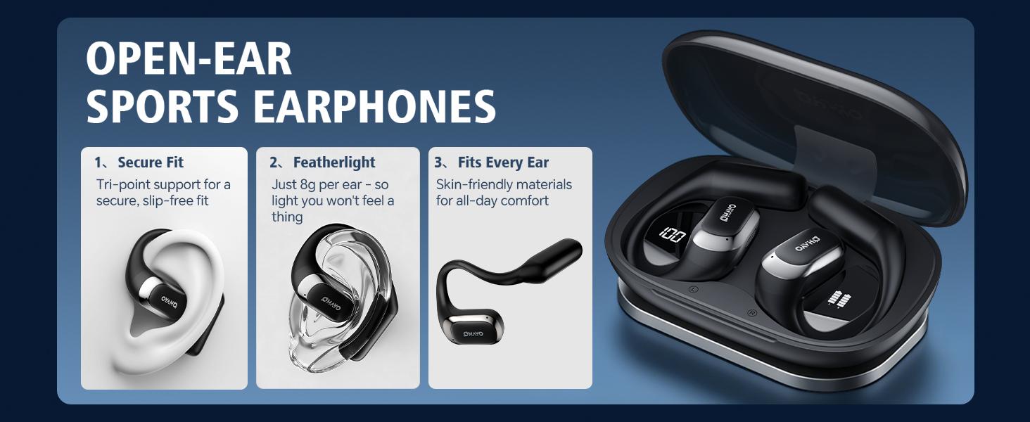 OHAYO Open Ear Headphones, Ultra Lightweight Ergonomic Earhook Earbuds, Bluetooth 5.4 Headphones with HiFi Stereo & Clear Calls, Smart Digital Display, 40H Playtime, IP55 Waterproof Sweatproof, Touch Control for Sports Running Gym Workout