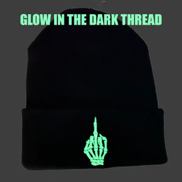 Skeleton Middle Finger Beanie with Glow in the Dark Thread Acrylic Unisex Stretch Fit Casual Style Accessory