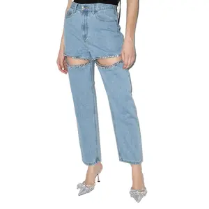 2025 New Spring Blue Denim Women's Straight Leg High Waist Loose Fit Long Pants for Versatile Use Cotton Polyester Tube Fabric with Light Denim Tears Jean Womenswear