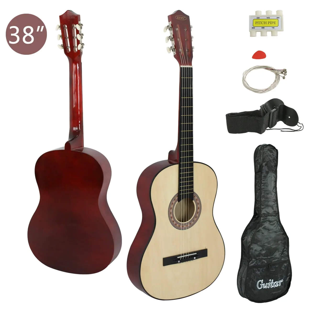 Segawe 38" Wooden Acoustic Guitar Full Set for Kids Beginners - Natural Finish, Carry Bag, Strap, Extra Strings, Pitch Pipe, Pick
