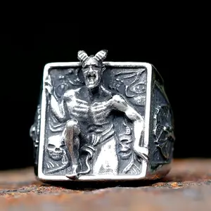 New Satanic Ring for Men Stainless Steel Baphomet Goat Headed Pagan Religion Deity Jewelry Fallen Angel Lucifer Design Unique Gothic Accessory