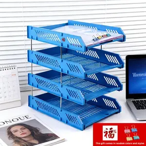 4-Piece Office & Study Desk Organizer Set, Chinese Fu Character Design 4-Tier Plastic File Holder, Desktop Document Organizer for Files and Stationery, Ideal for Office Workers and Students