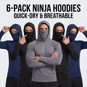 Set of 6 men’s hooded sweatshirts with a face mask design, made from high-elasticity, quick-drying, breathable fabric—ideal for outdoor fishing and running.