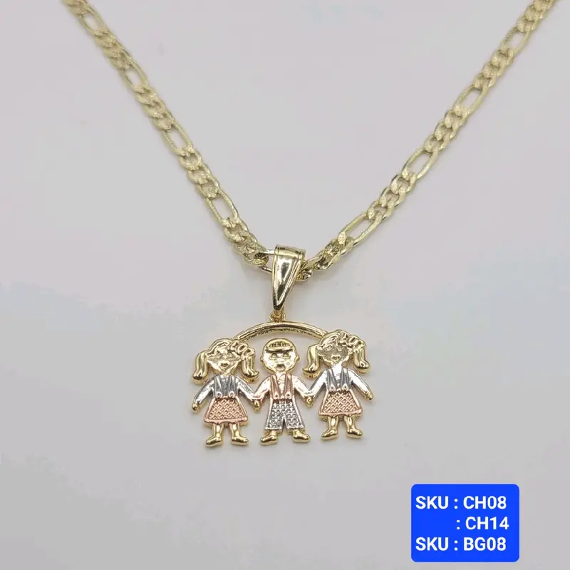 Beautiful Kids Pendants Three colors, with Chains Figaro Link Diamont Cut 24 and 18 Inches 3.5 Millimeters Wide Laminated Gold. SKU: CH08, CH14, BG