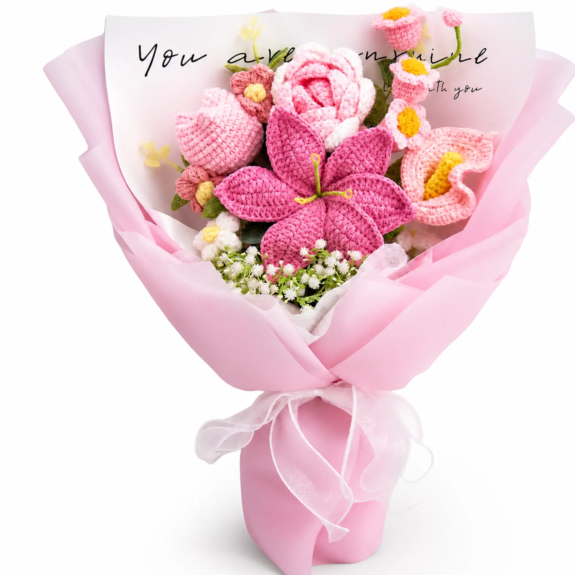 YShomy Handmade Crochet Flower Bouquet with Rose, Tulip, Lily of the Valley, Calla Lily Forever Flowers & Greeting Card – Back to School Gift for Daughter, Room Decor, US Fast Shipping