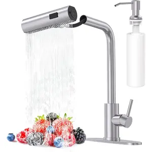 Brushed Nickel Kitchen Faucets with Pull Down Sprayer & Soap Dispenser, Single Hole & Handle, Pull Out Tap, Waterfall Stainless Steel Sink Faucet for Farmhouse Camper Laundry Rv Bar