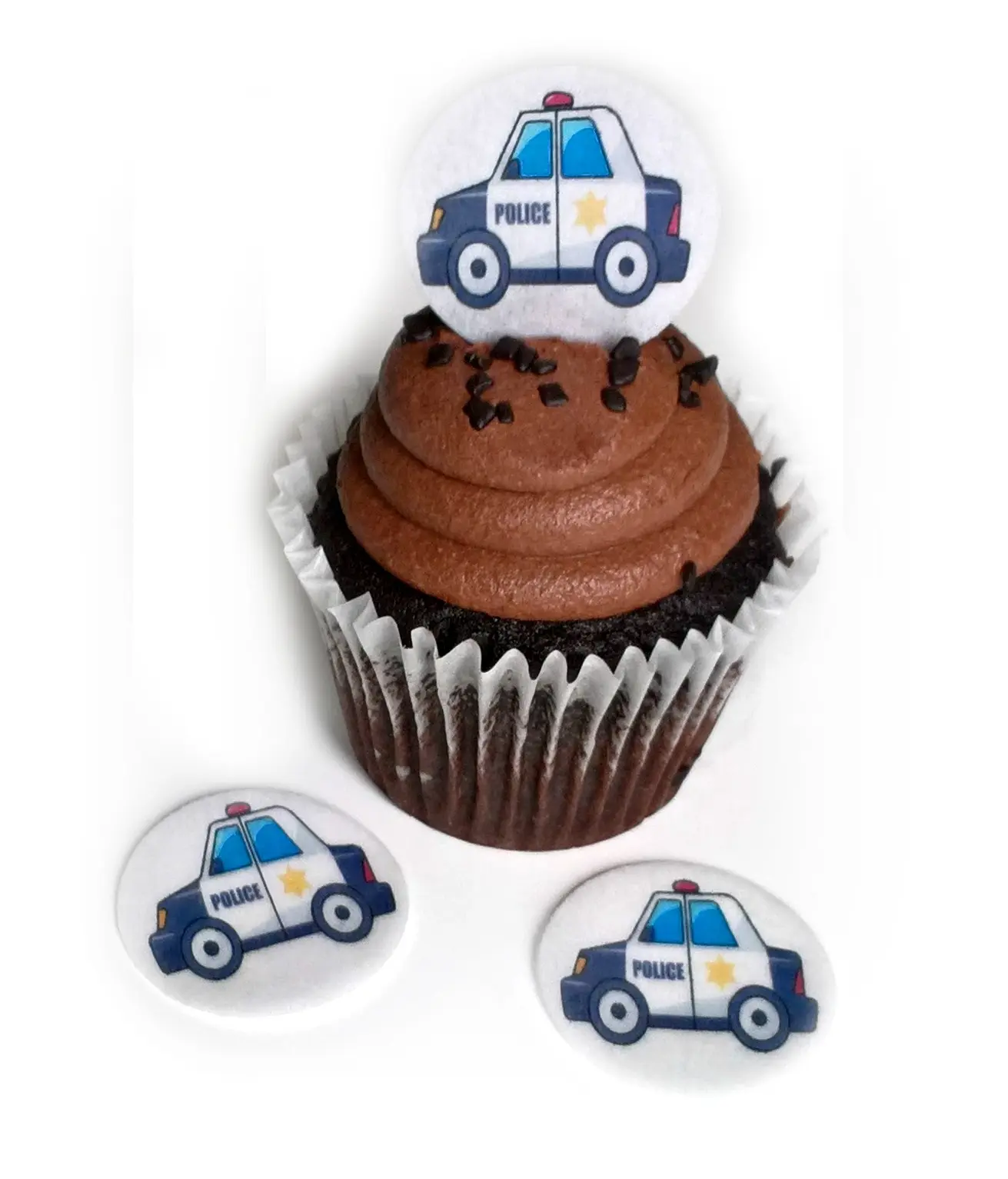 Police Car Police Man Station First Responder 1.5 Inch Wafer Paper Toppers for Decorating Desserts Cupcake Pack of 24