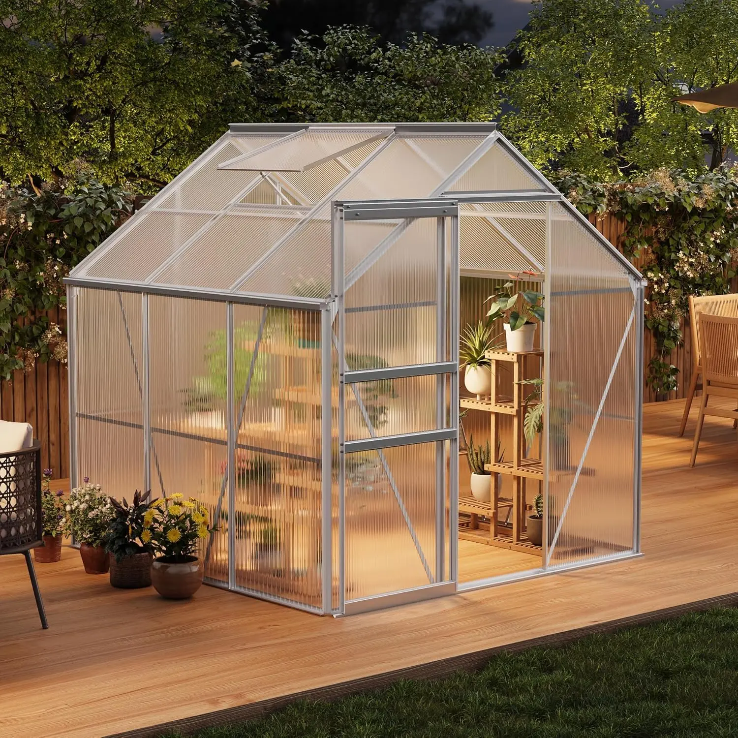 6x6FT Heavy Duty Outdoor Polycarbonate Greenhouse - Aluminum Frame, Sliding Door, Adjustable Roof Vent, Ventilation Control, Adjustable Ventilation, Natural Light - For Backyard, With 24/7 Customer Service, Lawn
