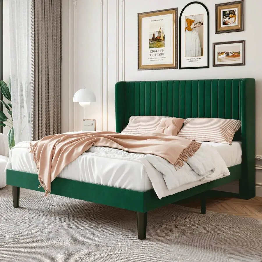 Full/Queen/King Size Velvet   With Vertical Channel Tufted Wingback Headboard, Upholstered Platform  With Wood Slats, No Box Spring Needed, Easy Assembly, Teal|White|Black|Blue|Green|Teal *   Queen Queen     Full bed frame