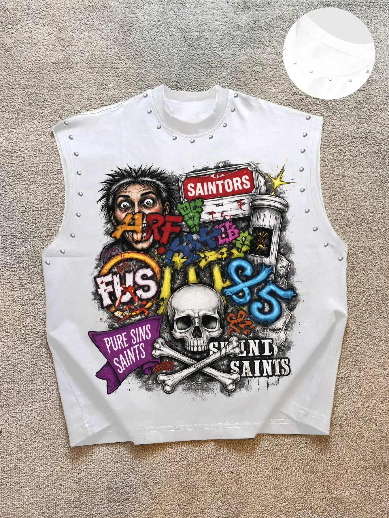 Men's Casual Vest Sleeveless, Menswear, Pure Base with Full Graffiti Print, Graphic, Funny Faces, Skulls & Saintors Slogan, Comfortable Fabric, Perfect for Students, Sleeveless Top Vest, No Sleeve