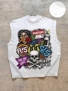 Men's Casual Vest, Menswear, Pure Base with Full Graffiti Print, Graphic, Funny Faces, Skulls & Saintors Slogan, Comfortable Fabric, Perfect for Students