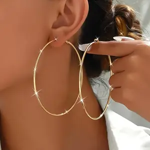 Women's Exaggerated Large Hoop Earrings - Copper with Iron Base, European-American Simple Shining Metallic Luster Hoop Jewelry, All-Year Hip-Hop Accessory Earring for Women