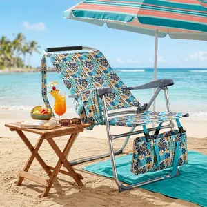 Adult Folding Aluminum Beach Chair - 17in Seat Height, 7-Position Adjustable, 265LBS Capacity, Oxford Fabric, Headrest, Cup Holder, Side Pocket, Bottom Storage Bag, Vintage Summer Print (Beach, Patio Use)