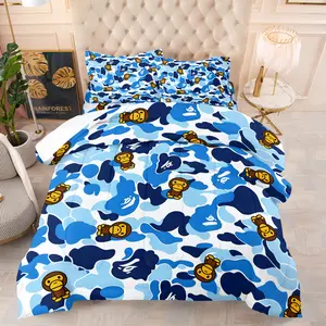 Trendy Streetwear Blue Camo Monkey Comforter Set, 1 Comforter and 1-2 Pillowcases, Soft Microfiber Trendy Streetwear Style Bedding Set, Birthday Gift for Teen Boys & Streetwear Lovers