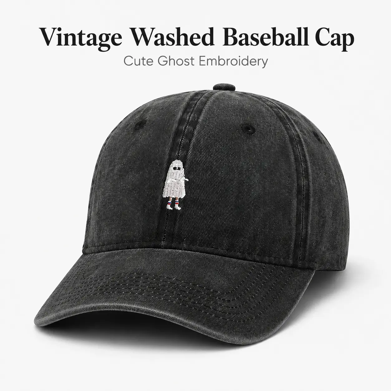 Unisex Ghost Patch Washed Denim Baseball Cap, Clothes Accessory with Buckle Adjustable Strap, Everyday Graphic Embellishment Hat for Halloween Casual Wear, Graphic Embellishment Hats
