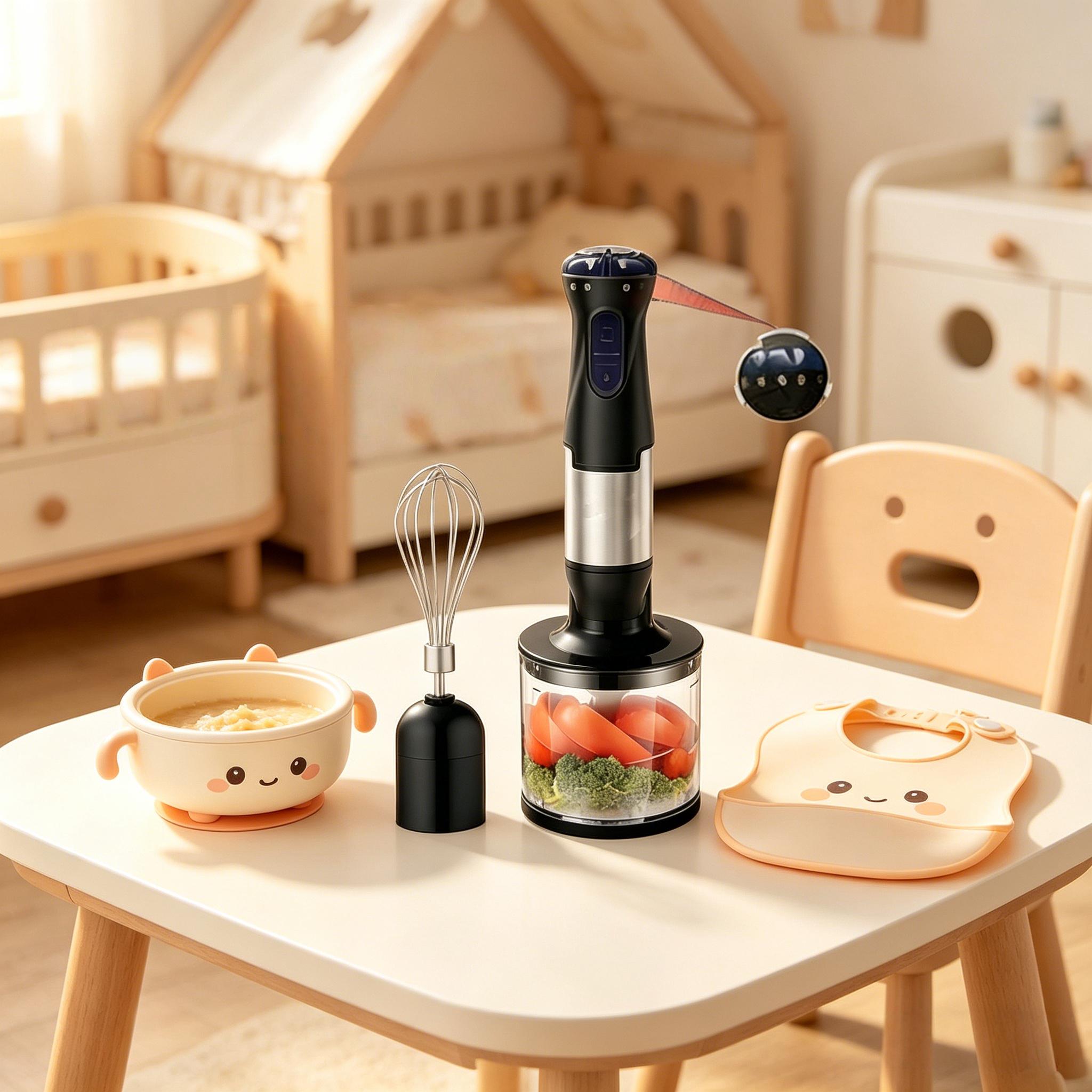 4-in-1 Multifunctional Electric Baby Food Maker Blender Set, Immersion Blender with Meat Grinder, Whisk, Stirring & Juicing Functions, Food Grade Material, Safe Durable for Home Kitchen