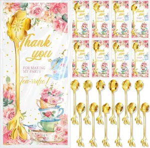 E ESSCO FOR YOU 24 Set Tea Spoon Party Favors Gold Tea Spoons Bulk 8 Style Flower Teaspoons with Thank You Cards Gift Bags Stainless Steel Dessert Coffee Spoons Stir Bar for Bridal Shower Guest Souvenir Gift