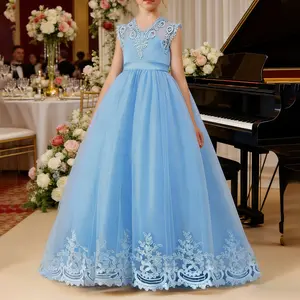 Girls Formal Dress Flower Girl Dress Satin Sleeveless Back V-Neck Lace Tulle Girls Ball Gown with Bow for Wedding graduation Prom