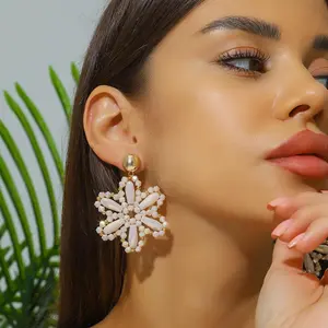 Elegant Snowflower Drop Earrings for Women Girls Lovely Sweet Flower Seed Beaded Dangle Earrings Handmade Jewelry Accessories