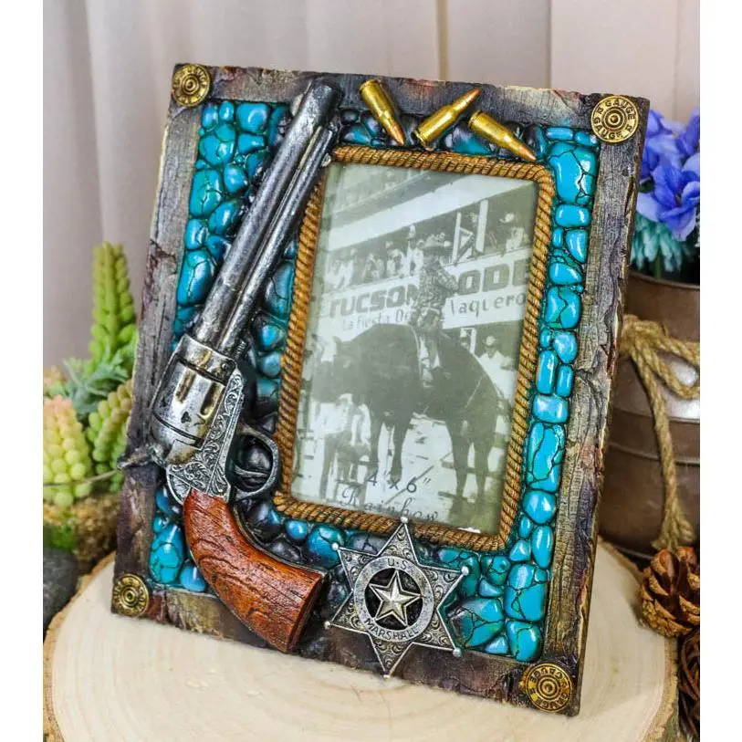 Rustic Western US Marshall Badge Gun Bullets Turquoise Rocks Photo Picture Frame