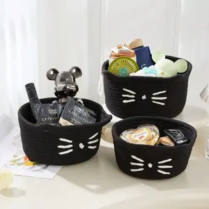 Cartoon Cat Style Handmade Braided Storage Bins Desk Decorative Basket for Toys Makeup Snacks