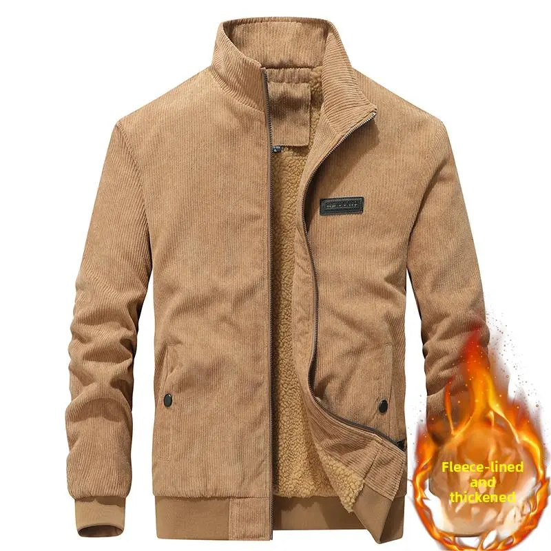 Men's Corduroy Fleece Lined Jacket Faux Sherpa Warm Winter Stand Collar Full Zip Bomber Coat Snap Pockets Ribbed Hem Casual Outerwear Male Clothing cozy soft cool clean chic active sporty casual premium classic stylish durable trendy relaxed vibe 4-Colors