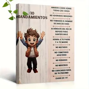 1 Piece Frame Canvas, "Children's Version of the Ten Commandments Poster - Spanish Version, Educational Christian Wall Art for Young People" 15.7X 23.6inch
