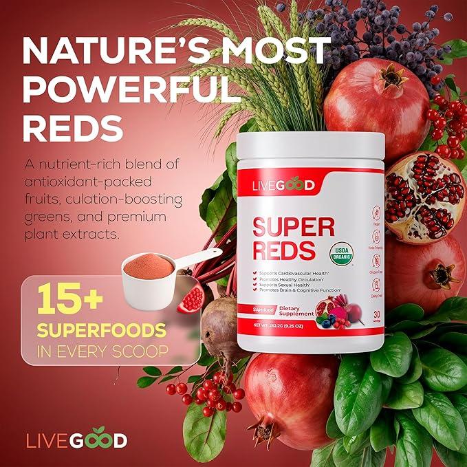 LiveGood Organic Super Reds – Heart, Energy & Circulation Support | Alfalfa, Beet Root, Pomegranate, Grape Seed | USDA Organic, Vegan, Gluten-Free | 9.25 oz