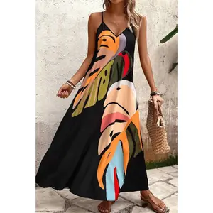 Women Leaf Print Maxi Cami Dress