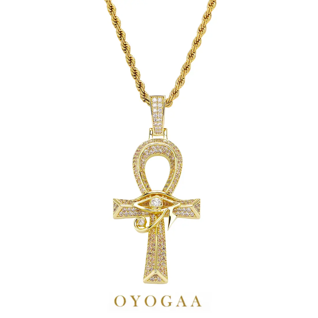 OYOGAA Iced Out Eye of Horus Ankh Cross Pendant Ancient Egyptian Necklace Chain 14K Gold White Gold Plated Protection Jewelry for Men Women with Stainless Rope Chain