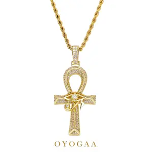 OYOGAA Iced Out Eye of Horus Ankh Cross Pendant Ancient Egyptian Necklace Chain 14K Gold White Gold Plated Protection Jewelry for Men Women with Stainless Rope Chain