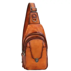 Vintage Genuine Leather Sling Bag for Men - Retro Handcrafted Chest Pack Multi-pocket Crossbody Backpack for Travel & Daily Use