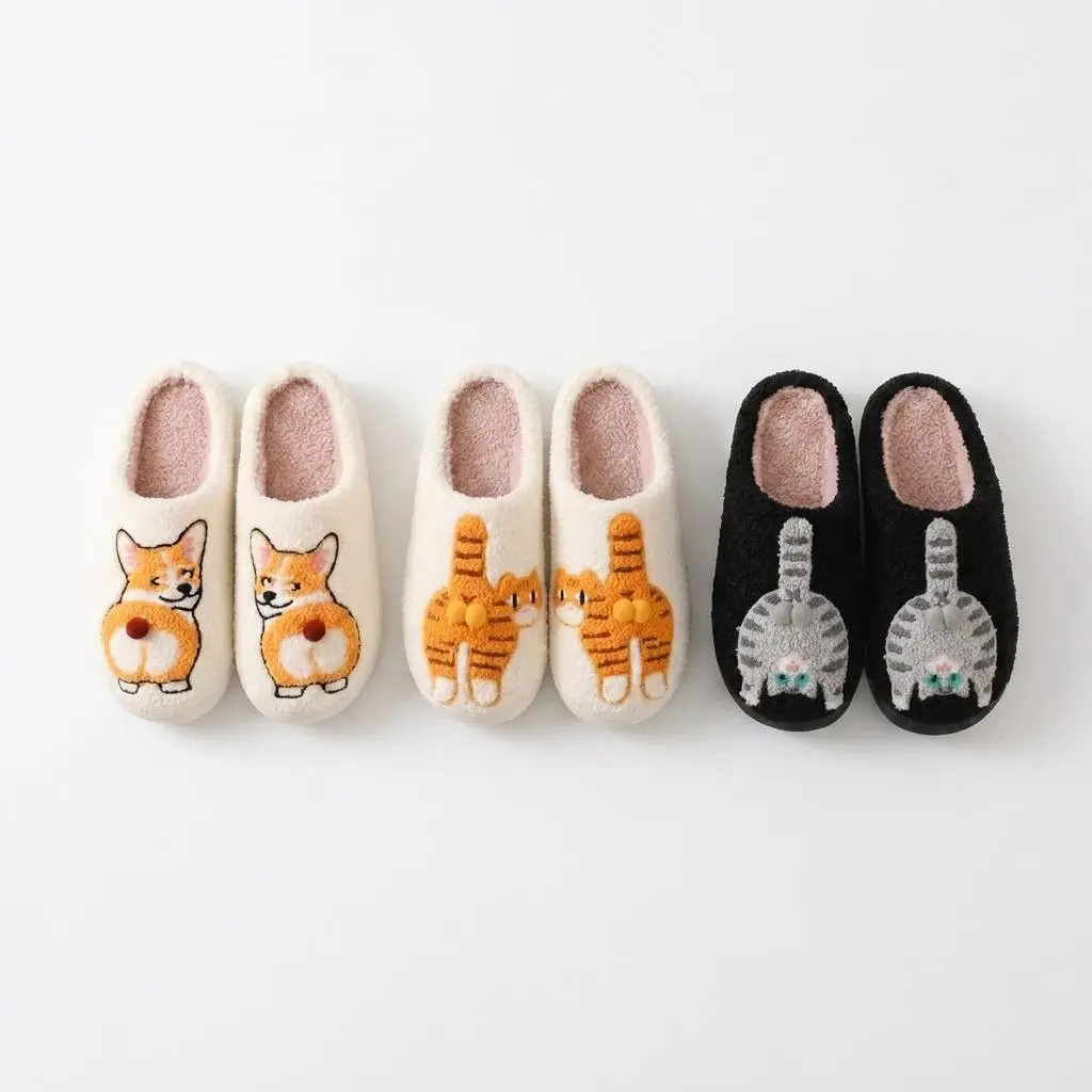 Women's Cat Print Cotton Slippers Plush Comfortable Slide Shoes for Women & Girls Warm Autumn-Winter Footwear Girl Flipflop