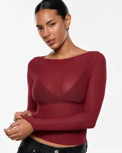 INLYRIC Women's Cosnufy Mesh Sheer Long Sleeve Tops See Through Boat Neck Going Out Tops Trendy Sexy Shirts