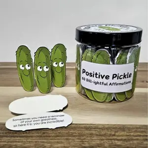 Unique Pickle Jar Gift Set with Positive Messages, Decorative Stress Relief Container, Fun Gift Idea for Friends, 60 Inspirational Cards, Funny Birthday Gifts, Party Favors Assortment