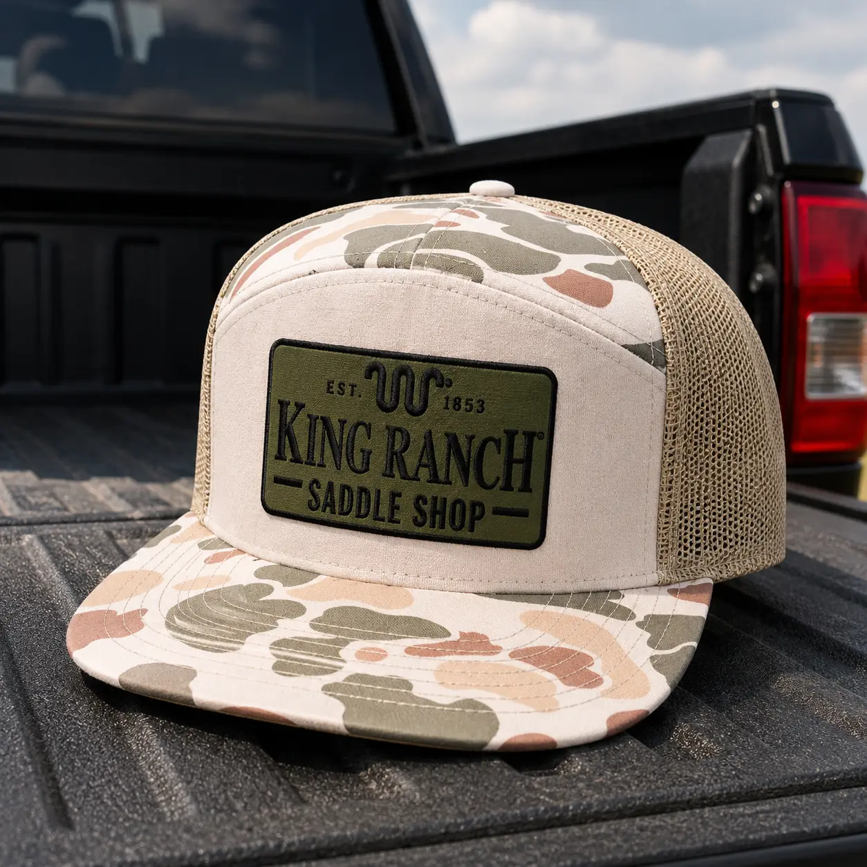 King Ranch Saddle Shop Embroidered Patch White 7 Panel Mesh Back Snapback Trucker Hat Western Ranch Cap Gift for Cowboys